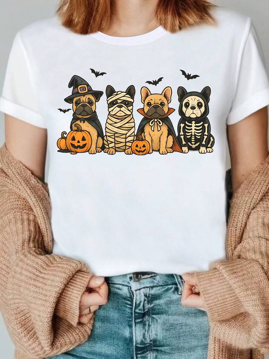 1 camiseta con estampado de Bulldog Francés para Halloween, camiseta para amantes de Bulldog Francés, camiseta con calavera de Bulldog Francés, regalo de Halloween para dueños de Bulldog Francés, mamá de Bulldog Francés, camiseta de Halloween 180g 100% algodón. - Blanco - Ver 1
