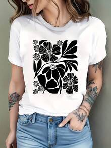 Casual T-Shirt With Floral Elements For Men And Women - White - View 1