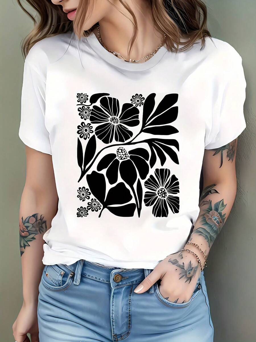 Casual T-Shirt With Floral Elements For Men And Women - White - View 1