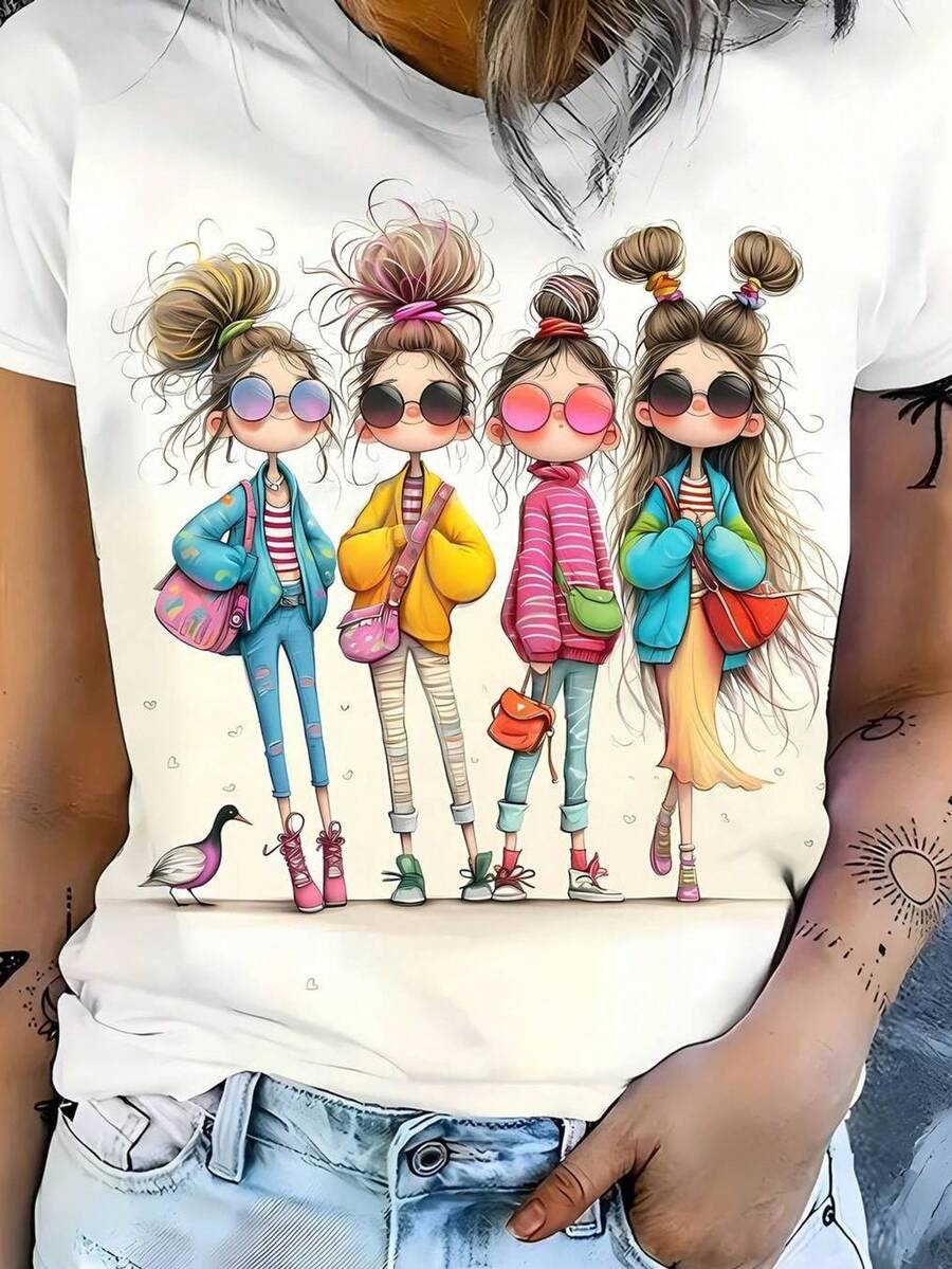 Women's Casual Crew Neck T-Shirt With Four Vibrant Prints, Short Sleeve, Cotton, Fashionable For All Seasons, Casual Wear | Fun Print T-Shirt | Stretchy - 白色 - 查看 1