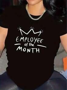 Simple And Versatile Design T-Shirt For Employee Of The Month, Suitable For Use In Offices Or Restaurants, With Durable And Comfortable Fabric, Stylish Design With Crown Pattern, Perfect For Work Events And Daily Use, Lightweight And Breathable Cotton T-Shirt. - 黑色 - 查看 1