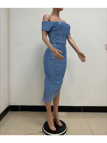 Women's Champagne-Colored Sequined Dress, Off-Shoulder Draped Design, Asymmetrical Side Slit, Stretchy Shiny Fabric Ideal For Summer Parties, Weddings As A Guest And Elegant Outdoor Dinners, Sexy Glamorous Style Perfect For Celebrations And Formal Events - 天藍色 - 查看 2