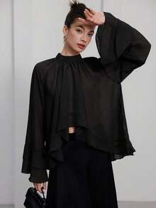 Elegant And Luxurious Chiffon Blouse With Ruffles And Layers In Purple-Red For Women - Black - View 3