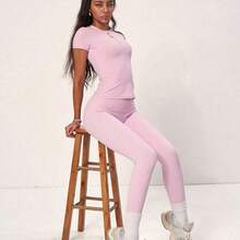 PinkTip Khaki Basic Top And Pants Set, High-Waisted Loose Fit, Essential For Summer Casual And Fitness Sports - Rojo - Ver 3