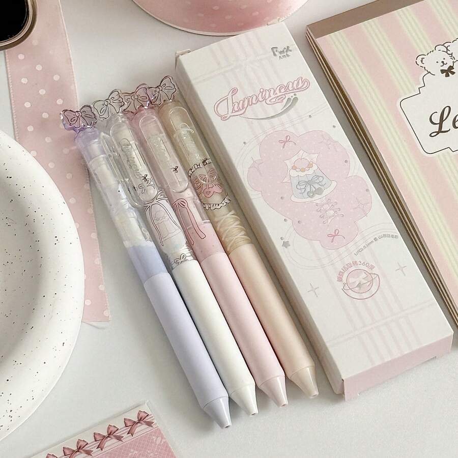 1 cái/4 cái/8 cái/12 cái Bộ bút gel nơ 3D dễ thương, bút nơ xoay 4 màu, bút bi thu hồi nơ trong suốt đáng yêu, bút mực đen 0.5mm cho học sinh & ghi chép nhật ký - Bút hình bướm thông thường - Xem 1