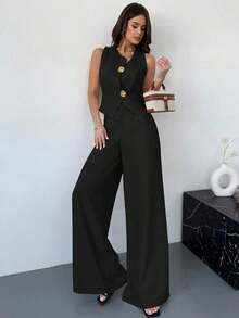 Nuevo conjunto de primavera para mujer de 2 piezas con chaleco asimétrico de botón metálico de textura de lino color caqui y pantalones anchos de cintura alta estilizadores, elegante vestimenta de oficina - Negro - Ver 3