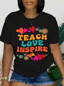 Women's Short-Sleeved T-Shirt, 100% Cotton, Soft And Breathable - Graphic Print With Teacher Theme, Casual Round Neck Top For Back To School Season, Versatile T-Shirt For Educators And Mothers, Teacher T-Shirt, Breathable And Comfortable. - 黑色 - 查看 6