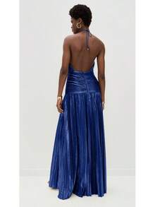 Metallic Pleated Halter Maxi Dress, Ruched Waist With Front Slit, Elegant Evening Gown For Prom & Weddings - Dark Blue - View 2