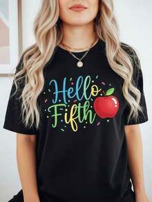 Back To School Hello Fifth Grade Kids Crew Neck T-Shirt 100% Cotton Short Sleeve With Fun Graphic, First Day Of School Gift For Girls Students, Outfit Round Neck Printed Short Sleeve Casual Everyday T-Shirt, They Are Excellent Gifts For Friends And Family, 100% Cotton T-Shirts Feature, A Youthful And Fashionable Design Casual Blouses For Women - 黑色 - 查看 6