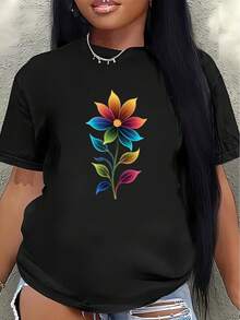Polyester Short-Sleeved T-Shirt, Adorned With Bright Rainbow Floral Prints, Lightweight And Durable, Suitable For Home, Office, Or Casual Outdoor Wear, Comfortable And Fitted For Everyday Use. Women's Blouses > Clothing - 黑色 - 查看 7