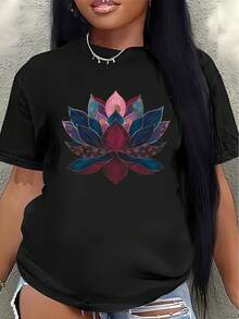 This Lightweight And Durable Short-Sleeved T-Shirt, Featuring A Vibrant Lotus Design, Is Perfect For Wearing At Home, In A Cafe, Or Outdoors, Offering A Comfortable Everyday Wear Experience. Women's Blouses > Clothing - 黑色 - 查看 7
