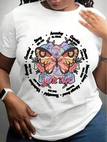 Women's Cotton T-Shirts With Floral Butterfly Design And Inspirational Words "You Are Beautiful" For Casual And Everyday Style, Basic Women's Blouses. - 白色 - 查看 1