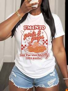 Women's Cotton T-Shirts, Funny Graphic Print T-Shirt For Food Lovers "I Like Girls And Boys, But I Also Love Pasta", For Women And Men, Casual Wear, Gift For Pasta Enthusiasts, Basic Women's Blouses. - 白色 - 查看 2