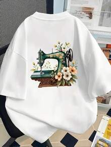 New Men's T-Shirt Made Of 180g Heavyweight Cotton, Crafted With A Vintage Sewing Machine, Featuring A Double-Sided Floral Pattern, This Unique And Versatile Men's T-Shirt Is A Popular New Style Of Menswear. A Must-Have T-Shirt With Front And Back Panels, It's Suitable For Layering In Spring And Autumn And Wearing Alone In Summer. Unisex. - 白色 - 查看 2