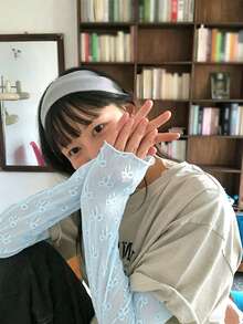 韓系Ins可愛系蝴蝶結網紗內搭長袖T恤層次穿搭休閒上衣 - 藍色 - 查看 1