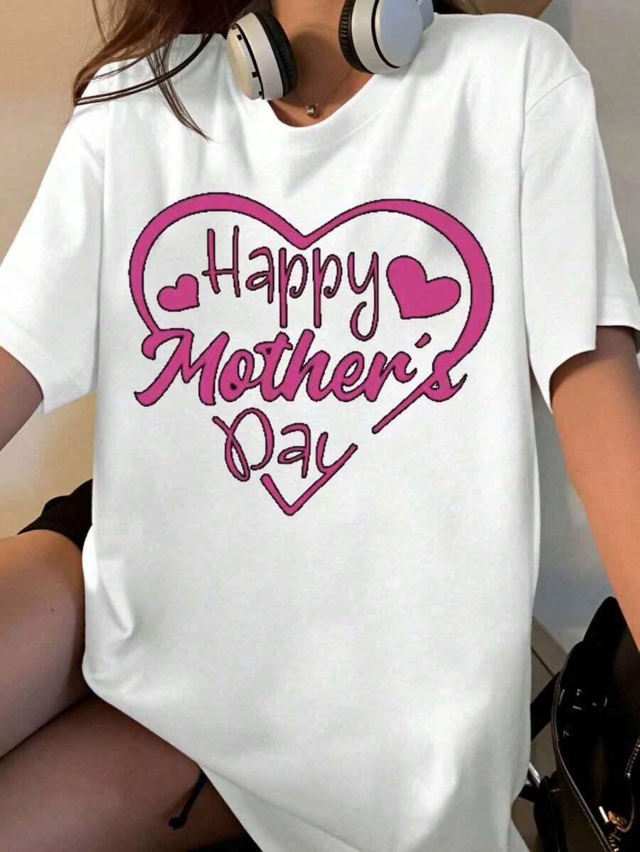 Camiseta Negra con Diseño de Corazón para el Día de la Madre, Regalo para el Día de la Madre, Ropa Casual para Celebración de San Valentín, Playera Holgada para Mujer - Blanco - Ver 1