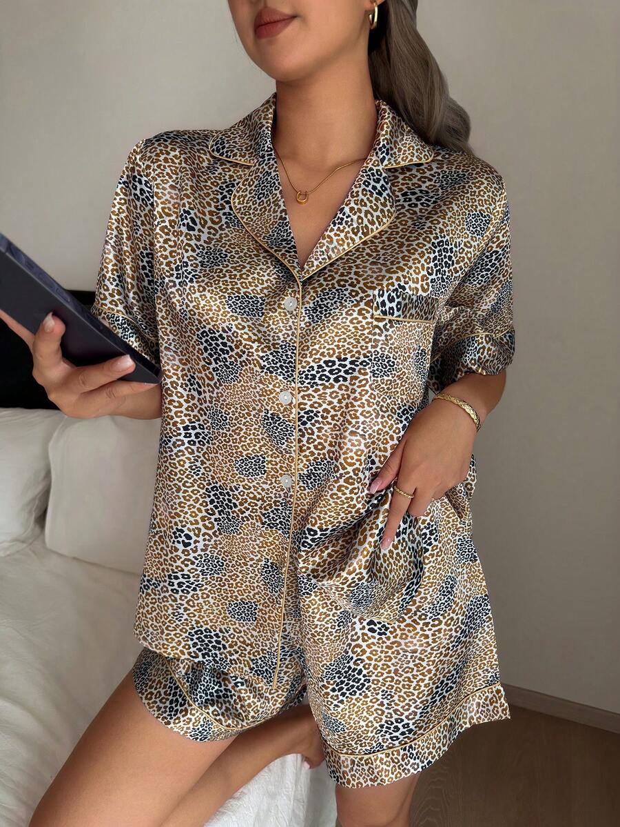 2pcs/Set Summer Leopard Print Women's Short Sleeve Top And Shorts Pajama Set - Gold - View 1