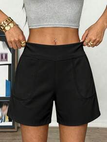 Plus Size Women's Casual Loose Drawstring Waist Shorts, Solid Color Minimalist Design, With 2 Side Pockets, Wear & Workout, Spring/Summer Sports - Black - View 4
