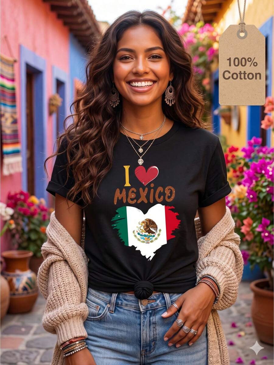 I Love Mexico T-Shirt: 100% Cotton T-Shirt With Mexican Flag Heart, Casual Short Sleeve "I Love Mexico" T-Shirt, Patriotic Summer Top For Everyday Wear And Parties - 黑色 - 查看 1