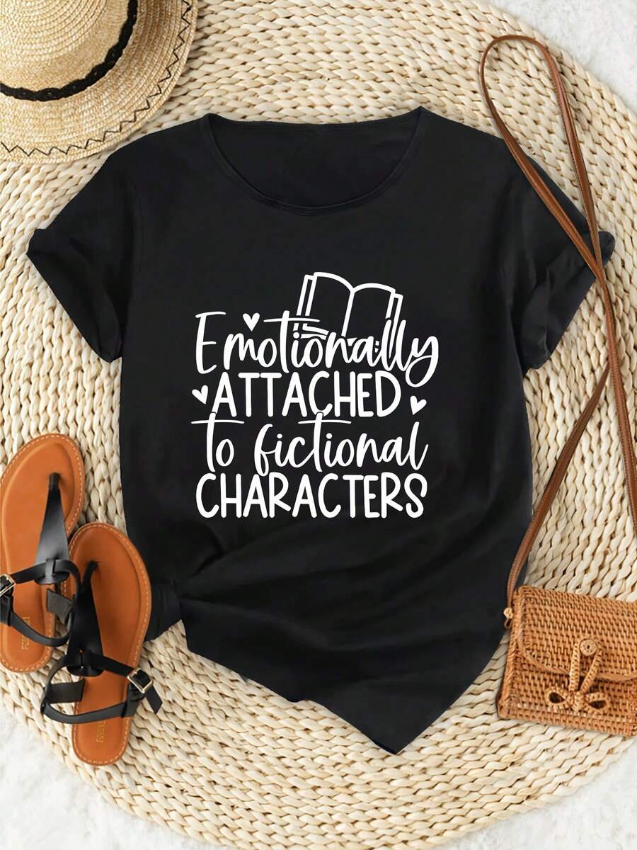 Women's Cotton Crew Neck T-Shirts, Casual Style For Back To School Season, With Summer Letter Print, Simple Short Sleeve T-Shirt For Everyday Wear - 黑色 - 查看 1