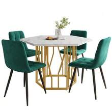 Conjunto de mesa y sillas de comedor (conjunto de 5 piezas), mesa de comedor hexagonal moderna de mármol + 4 sillas de comedor en terciopelo verde para crear un restaurante cálido y moderno, patas de mesa color dorado. - Verde - Ver 1