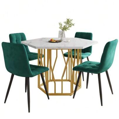 Dining Table And Chair Set (5-Piece Set), Modern Hexagonal Marble Dining Table + 4 Green Velvet Dining Chairs To Create A Warm And Modern Restaurant, Gold-Colored Table Legs.