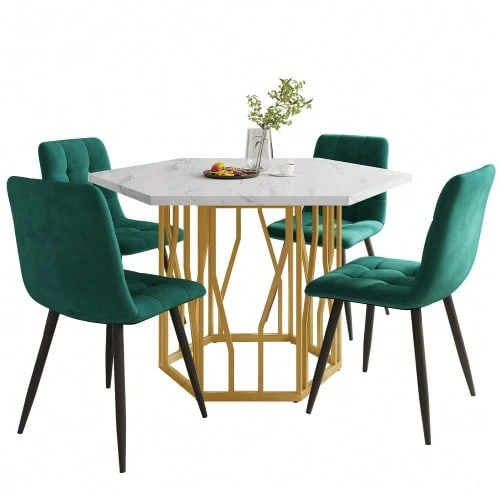 Conjunto de mesa y sillas de comedor (conjunto de 5 piezas), mesa de comedor hexagonal moderna de mármol + 4 sillas de comedor en terciopelo verde para crear un restaurante cálido y moderno, patas de mesa color dorado. - Verde - Ver 1