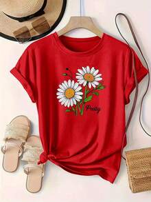 Women's Casual Short Sleeve T-Shirt - White Daisy Floral Print With The Letter "Pretty", Breathable Round Neck For All Seasons, Machine Washable, Comfortable Style, Everyday Wear For Women, Bright Print T-Shirt, Comfortable Fabric. - 紅色 - 查看 7