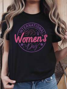 Women's Day Silhouette Design T-Shirt, Featuring A Feminine Silhouette Decoration And Heart Slogan, Casual Short Sleeves, Soft Festive Style In Pink And Purple For Women's Day Events - Unisex Cotton Loose Fit Short Sleeve Crew Neck T-Shirt, Urban Vintage Style. - 黑色 - 查看 7
