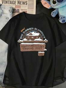 Officially Licensed, Women's Casual Black Cotton T-Shirt With Round Neck And Short Sleeves, Featuring A Trading Post Graphic Print, For Everyday Wear, Breathable And Lightweight, Suitable For Sports And Leisure, Ideal For Gifts, Suitable For Parties. - 黑色 - 查看 2