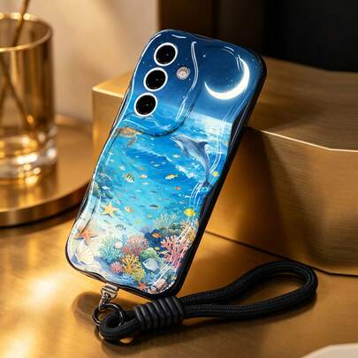 1个可拆卸挂绳配件，海洋世界图案奶油色波浪纹手机壳，兼容三星Galaxy S23/S24/S25/S26/S26 Ultra/S26 Plus/A57/A37/A17/A07、Note 13 Pro、A3X、Y21安卓系列