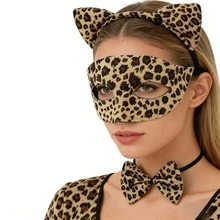 Bộ trang phục họa tiết da báo 3 món, bao gồm mặt nạ da báo + nơ đeo cổ da báo + tai da báo, thích hợp cho lễ Halloween và các lễ hội khác, tiệc sinh nhật, lễ hội hóa trang, vũ hội độc thân. - Nhiều màu - Xem 4