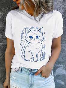 Camiseta de manga corta estampada para mujer con cuello redondo, moderna y casual, lavable a máquina, ajuste cómodo, estampado plano 2D, Blusas Para Mujer Casual 2D. - Blanco_06 - Ver 1