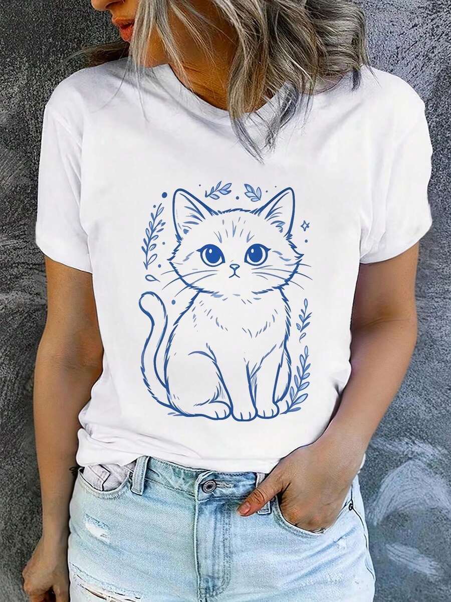 Camiseta de manga corta estampada para mujer con cuello redondo, moderna y casual, lavable a máquina, ajuste cómodo, estampado plano 2D, Blusas Para Mujer Casual 2D. - Blanco_06 - Ver 1