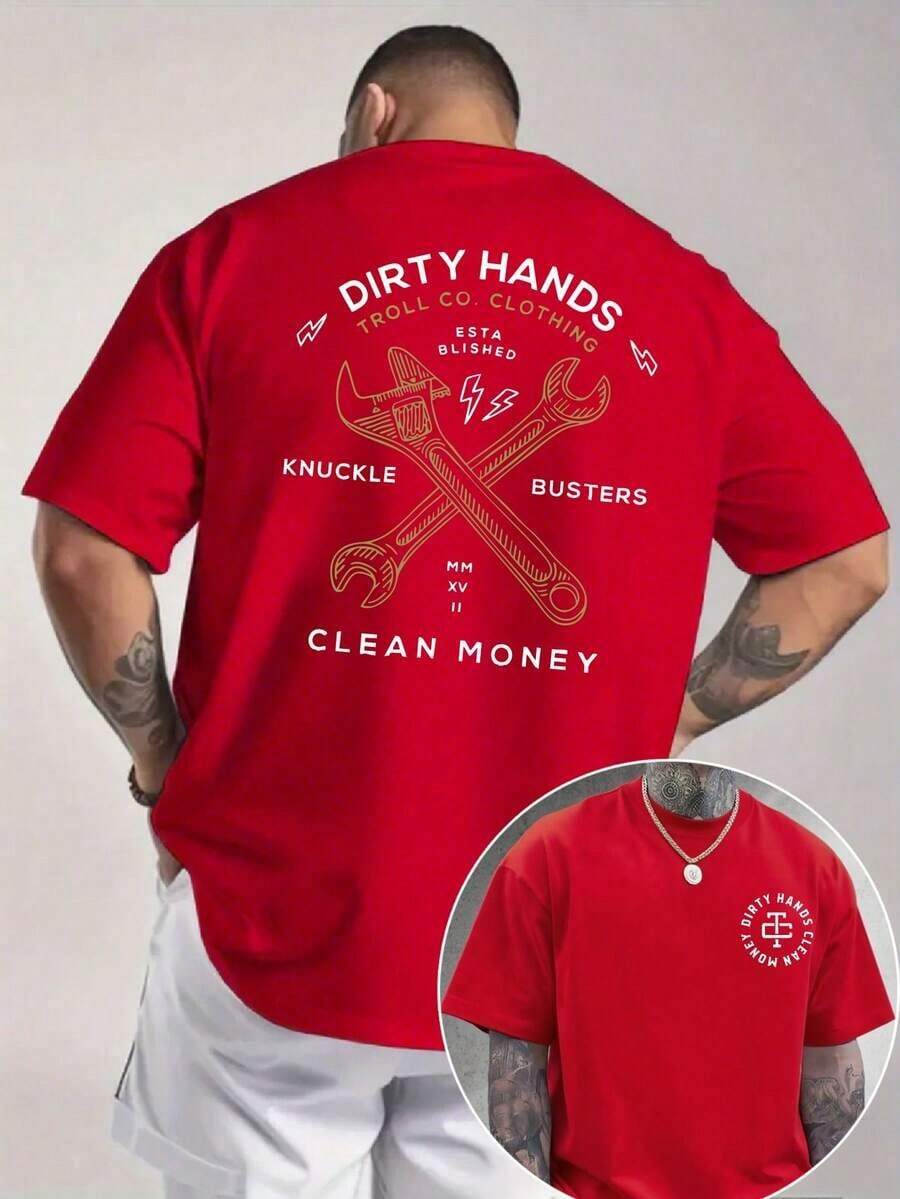 Cute Unisex Premium Casual T-Shirts, Men's Graphic Tee, Dirty Hands Clean ❤️ Money Daily Wear 100% Cotton Unisex Gift Idea For Him Or Her Urban Fashion Top - 紅色 - 查看 1