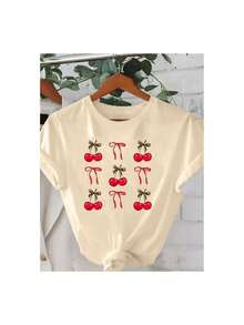 Camiseta Casual de Verano para Mujer YOCASA, con Cuello Redondo, Ajustada y de Manga Corta, con Estampado de Pintura al Óleo, Motivos Florales, de Corazones, de Cerezas y de Letras.Tela sencilla y casual, estilo deportivo, ideal para uso diario y citas de San Valentín.1 pieza, 180 g de peso, 95% poliéster, 5% spandex. - Albaricoque - Ver 2