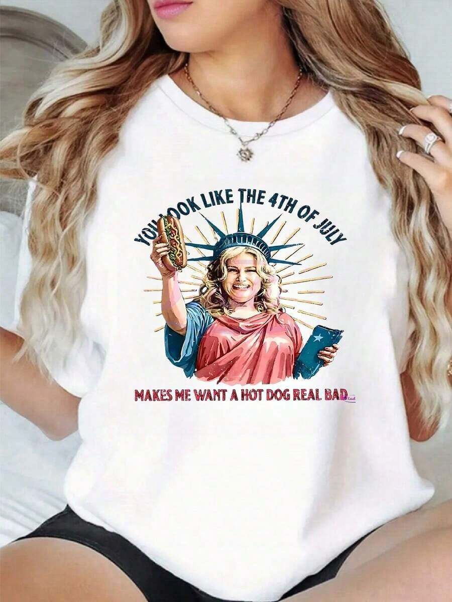 100% Cotton. Statue Of Liberty Figure Holding A Hot Dog, Evoking Joy For Independence And Modern Humor. Women's T-Shirt, 100% Soft And Comfortable Cotton, Ideal For Casual Wear. Women's Simple Solid Color T-Shirt, Loose And Slim Fit Casual Short Sleeve - 白色的 - 查看 1