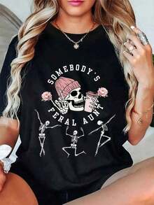 Women's 100% Cotton Vintage Print T-Shirt, Soft And Casual, Short Sleeve, Ideal For Summer Holidays, Halloween, A Gift For A Skeleton Aunt Or Mother's Day. - 黑色 - 查看 1