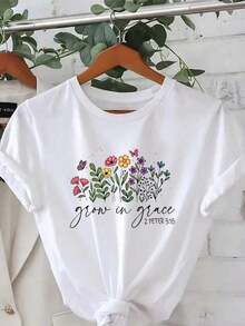 Fashionable Printed T-Shirt, Round Neck, One Size Fits Most Women, Short-Sleeved Summer T-Shirt With Round Neck, Casual Sportswear. I78O 100% Cotton - 白色的 - 查看 6