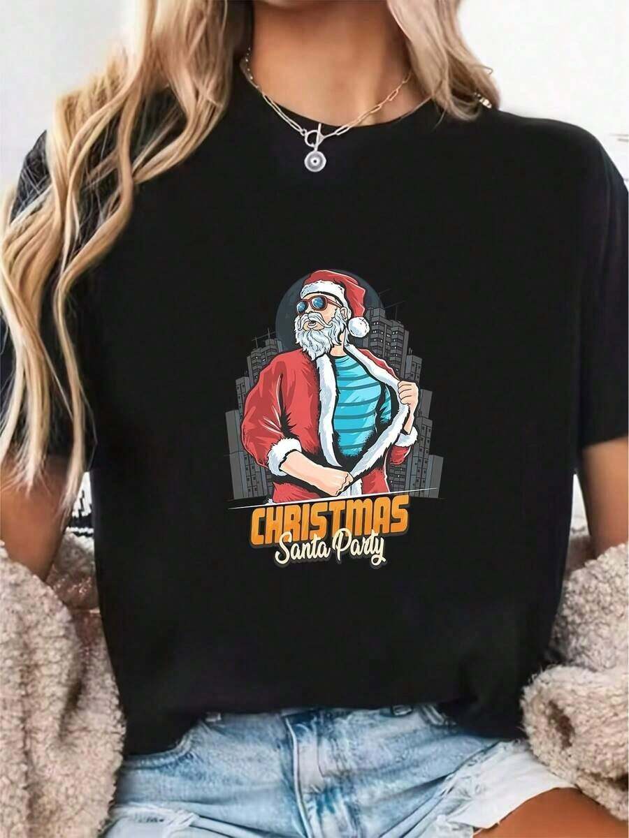Women's Blouses: Women's 180g Printed T-Shirt With Christmas Theme, Santa Claus Party Gift - Comfortable And Fun Family Gift Idea For The Holidays. 2YGNeurmuse - 黑色 - 查看 1