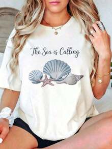 Women's T-Shirt, Casual Summer T-Shirt For Women With Starfish And Wave Print, 'The Sea Calls' Graphic Design, Beach Holiday Top, Gift For Her - 白色 - 查看 6