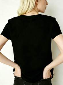 Camiseta de Manga Corta Negra para Mujer, Diseño Simple y Versátil, Cuello Redondo, Casual, Holgada, Suave, Básica, Calidad Superior, con Patrón de Corazones y Estrellas de Arcoíris Colorido, Estilo Artístico, Regalo Creativo para Maestros, Celebración de Regreso a Clases, Tema Educativo, Ropa para Aprendizaje Feliz, Camiseta de Algodón - Negro - Ver 4