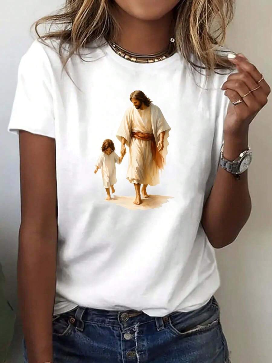 Jesus, Children's Print, Women's Casual Short-Sleeved T-Shirt, Comfortable Fit, Matching Sister Sets, Outdoor Travel Essential, Women's T-Shirt, Spring/Summer T-Shirt. - 白色 - 查看 1