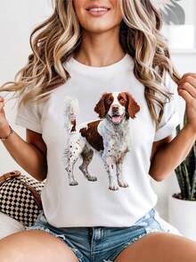 Women's Welsh Springer Spaniel T-Shirt, Graphic Tee With Realistic Dog Portrait, Casual Crew Neck Top For Spaniel Lovers And Dog Moms - 白色 - 查看 1
