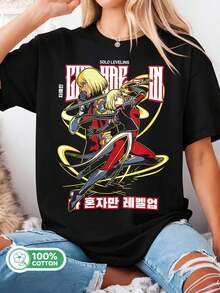 Solo Leveling Cha Hae-In Dual Swords Anime Tee, Black Cotton T-Shirt, Manhwa Fan Merch - Black - View 6
