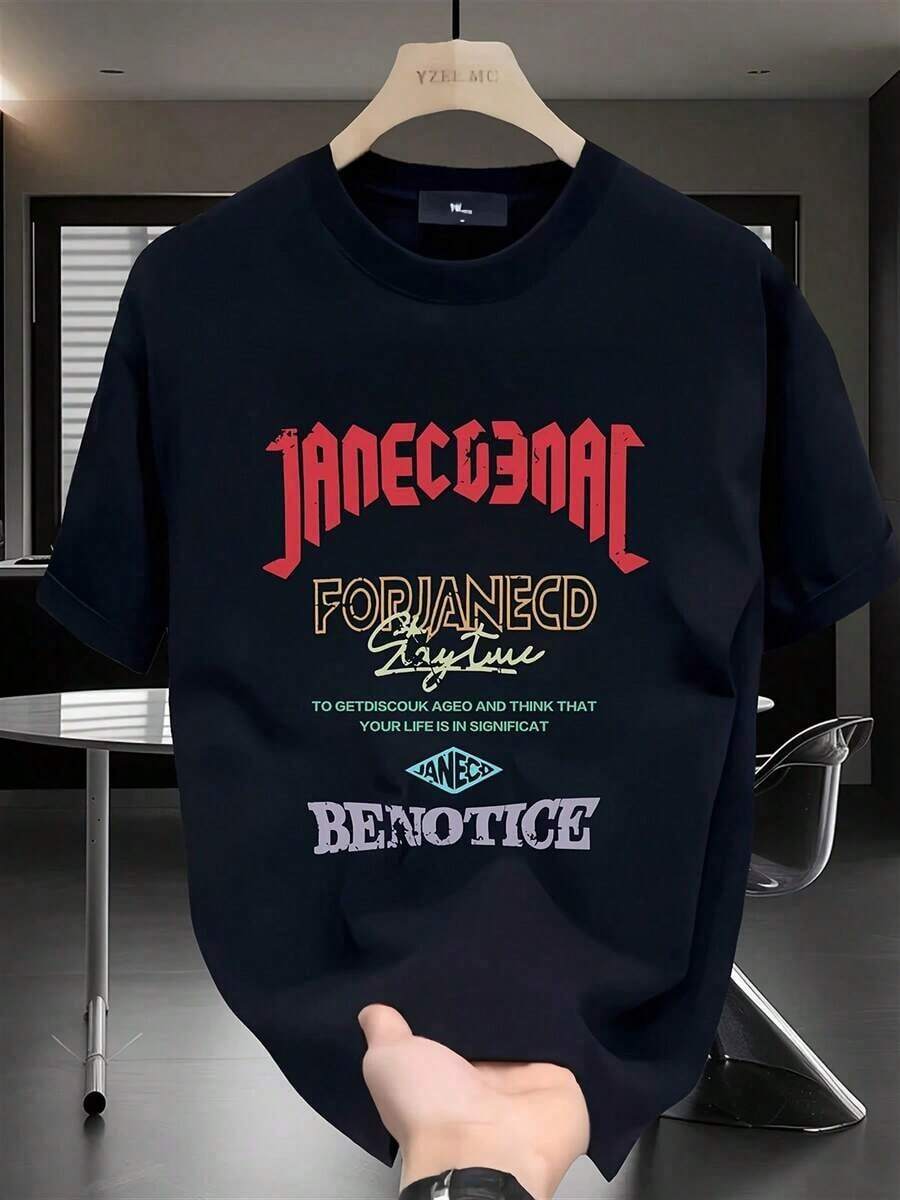 New Summer 2026 Pure Cotton T-Shirt, Men's Brand Print Short Sleeve T-Shirt, Versatile Pure Cotton Korean And Japanese Style T-Shirt For Men - Short Sleeve Cotton Crew Neck T-Shirt, Urban Vintage Style, Unisex, Loose, Casual, Versatile And Comfortable. - 黑色 - 查看 1
