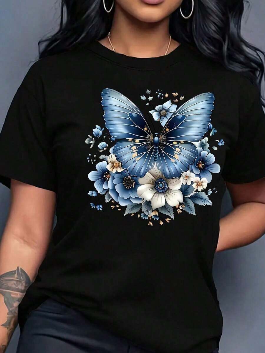 Women's T-Shirt [Butterfly Print Blouse] Short Sleeve Round Neck T-Shirt For Women - Casual Spring Summer Blouse With Delicate Butterfly Print, Color Palette, Machine Washable For Daily Use - 黑色 - 查看 1