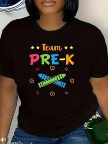 Plus Size, Women's Pre-K Graphic Tee - Casual Black Crew Neck, Short Sleeve, Stretchy, Colorful -Themed Design, Washable, Everyday Comfort | Crew Neck Tshirt | Stretchy Fabric, Shirts - 黑色 - 查看 1
