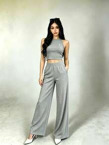 2-Piece Set Of Tank Top And Solid-Color Pants For Casual Holiday Wear - Grey - View 4