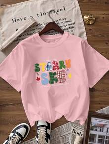 Starry Sky T-Shirt With Checkered Lettering,  Short-Sleeved T-Shirt For Spring/Summer 2026, Made In Mexico, 180 Grams. Cartoon Print, Couple Design, Suitable For Indoor Or Outdoor Wear. Crew Neck, Unisex, Ideal For The Office And Leisure. One-Pack. - PK-P631577SLNDXZGY584 - 查看 4